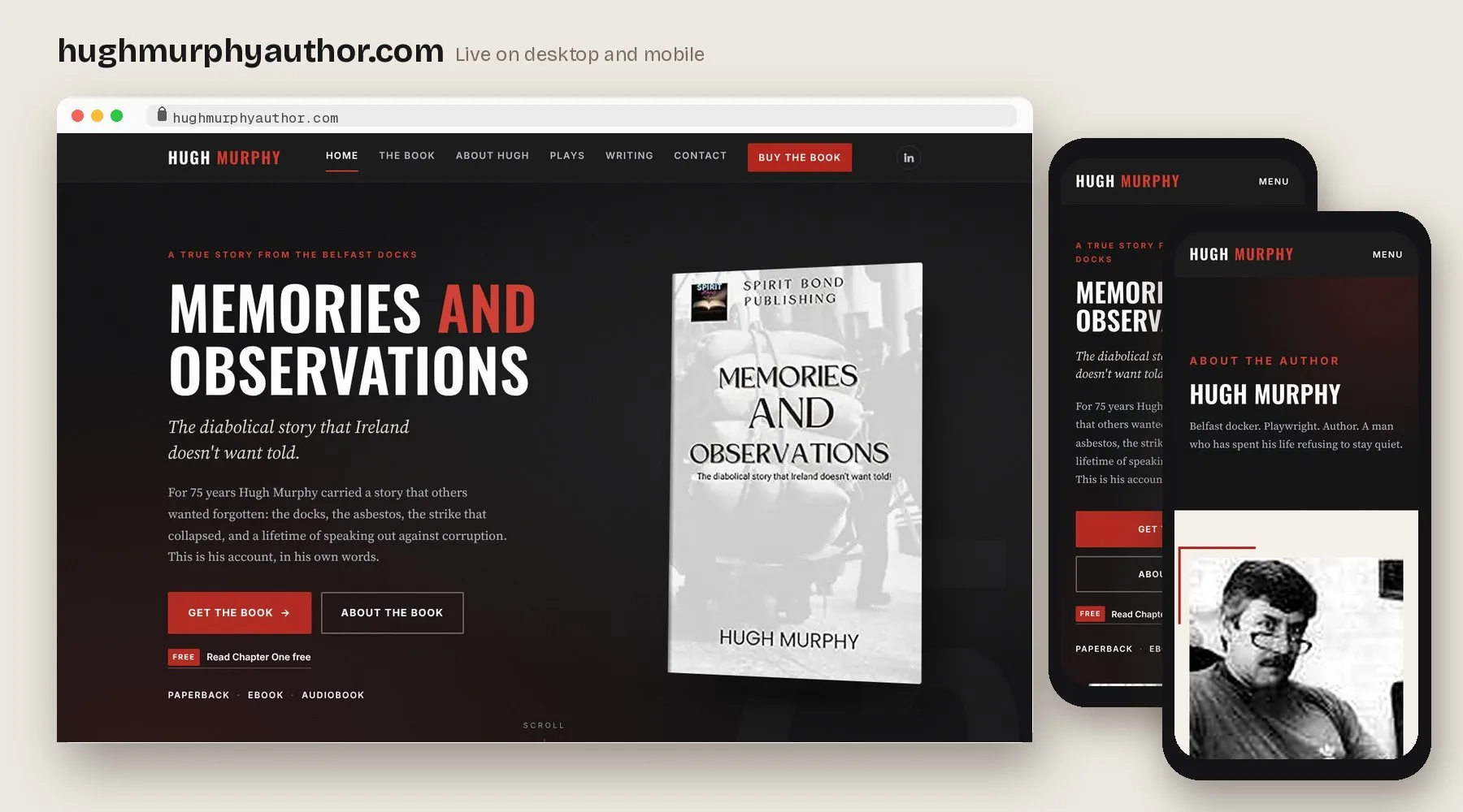 The Hugh Murphy author website shown on a laptop, tablet and phone